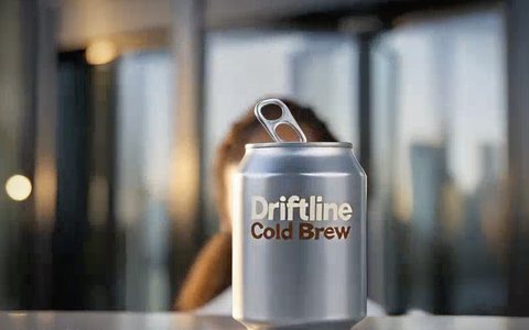 Frame from the ad “Driftline Cold Brew”: a silver can of cold brew on an office desk