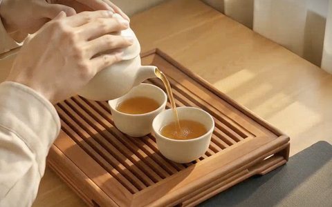 Frame from the tutorial “Gongfu Tea in 4 Steps”: tea poured from a teapot into two cups