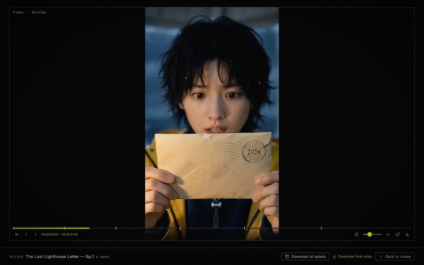 Final-cut review page for “The Last Lighthouse Letter”: vertical video player with shot markers, and buttons to download the final video or all assets